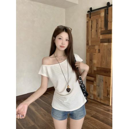 夏装新款胖mm大码女韩系设计感纯欲露肩修身短袖上衣 服裝批發女裝批發服飾貨源