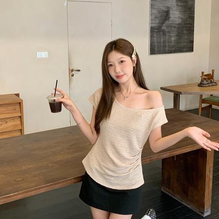 夏装新款胖mm大码女韩系设计感纯欲露肩修身短袖上衣 服裝批發女裝批發服飾貨源
