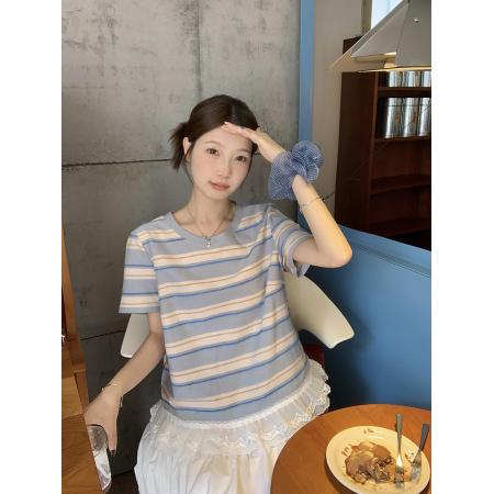 夏装新款胖mm大码女韩系设计感拼接蕾丝花边条纹短袖T恤 服裝批發女裝批發服飾貨源