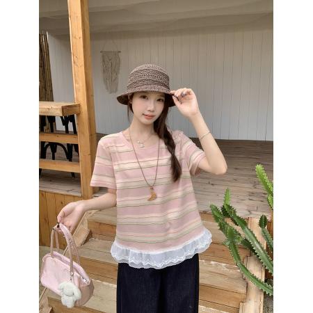 夏装新款胖mm大码女韩系设计感拼接蕾丝花边条纹短袖T恤 服裝批發女裝批發服飾貨源