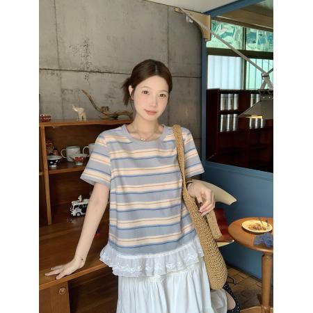 夏装新款胖mm大码女韩系设计感拼接蕾丝花边条纹短袖T恤 服裝批發女裝批發服飾貨源