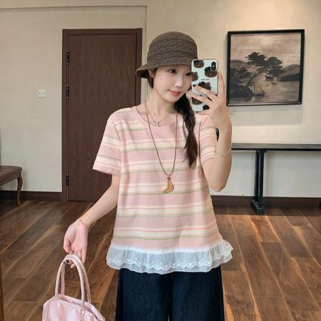 夏装新款胖mm大码女韩系设计感拼接蕾丝花边条纹短袖T恤 服裝批發女裝批發服飾貨源
