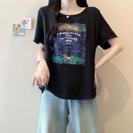 夏装新款胖mm大码女简约休闲印花圆领宽松短袖小衫上衣 服裝批發女裝批發服飾貨源