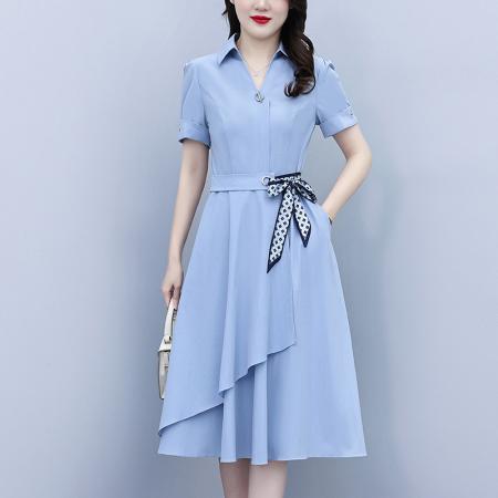 爆款连衣裙子女士夏季新款收腰遮肚显瘦a字气质短袖中长裙 服裝批發女裝批發服飾貨源