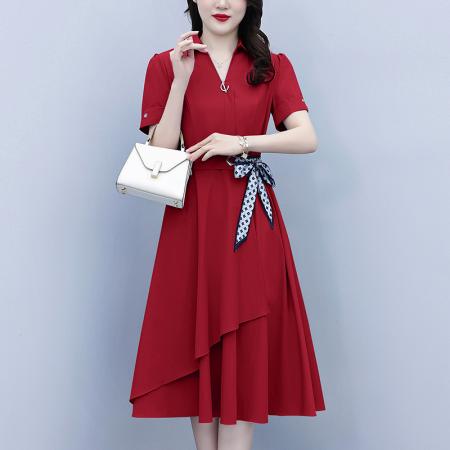爆款连衣裙子女士夏季新款收腰遮肚显瘦a字气质短袖中长裙 服裝批發女裝批發服飾貨源
