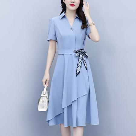 爆款连衣裙子女士夏季新款收腰遮肚显瘦a字气质短袖中长裙 服裝批發女裝批發服飾貨源