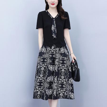 沐沐衣品夏季套装显瘦气质印花洋气高腰时尚显瘦两件套中长裙 服裝批發女裝批發服飾貨源
