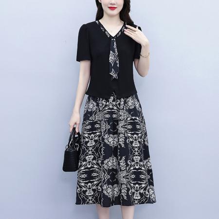 沐沐衣品夏季套装显瘦气质印花洋气高腰时尚显瘦两件套中长裙 服裝批發女裝批發服飾貨源