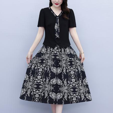 沐沐衣品夏季套装显瘦气质印花洋气高腰时尚显瘦两件套中长裙 服裝批發女裝批發服飾貨源