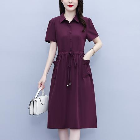 BY23151# 短袖收腰显瘦连衣裙女士夏季新款中长款遮肚过膝纯色透气裙子 服裝批發女裝批發服飾貨源