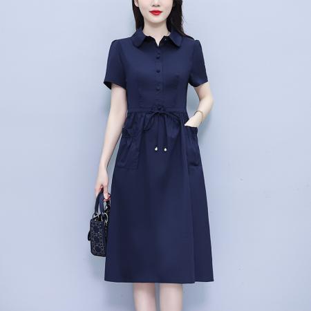 短袖收腰显瘦连衣裙女士夏季新款中长款遮肚过膝纯色透气裙子 服裝批發女裝批發服飾貨源
