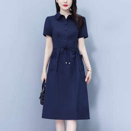 短袖收腰显瘦连衣裙女士夏季新款中长款遮肚过膝纯色透气裙子 服裝批發女裝批發服飾貨源
