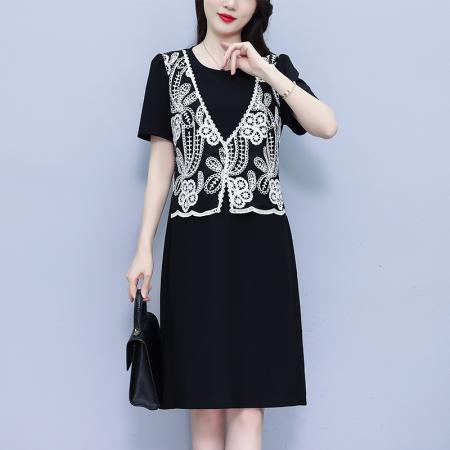 时尚洋气减龄假两件刺绣外搭短袖连衣裙女夏季遮肉显瘦A字裙 服裝批發女裝批發服飾貨源