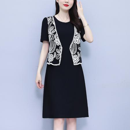 时尚洋气减龄假两件刺绣外搭短袖连衣裙女夏季遮肉显瘦A字裙 服裝批發女裝批發服飾貨源