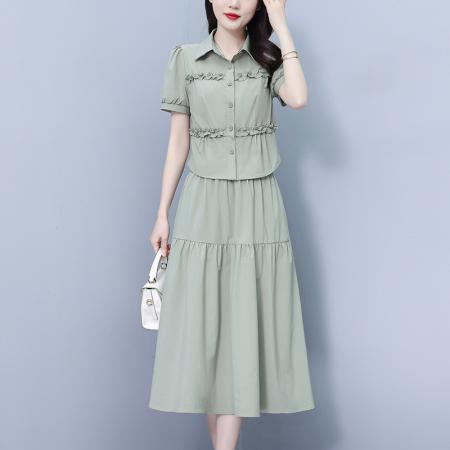 洋气减龄短袖上衣两件套女夏季新款收腰显瘦时尚半身裙子套装 服裝批發女裝批發服飾貨源