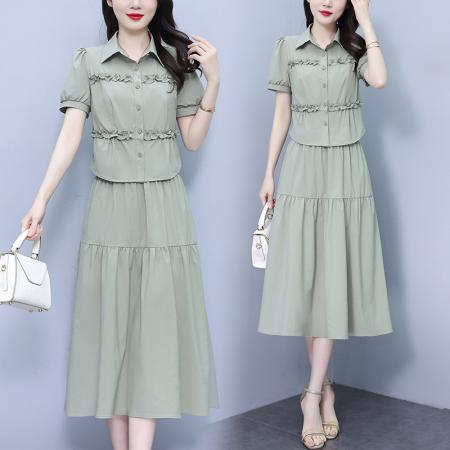 洋气减龄短袖上衣两件套女夏季新款收腰显瘦时尚半身裙子套装 服裝批發女裝批發服飾貨源