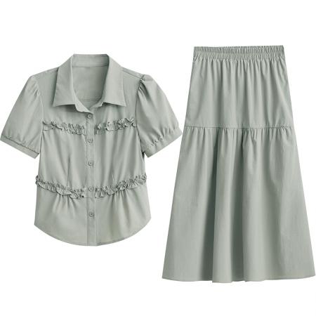 洋气减龄短袖上衣两件套女夏季新款收腰显瘦时尚半身裙子套装 服裝批發女裝批發服飾貨源