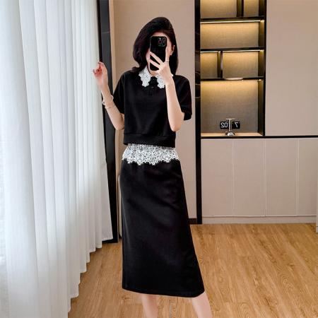 欧货休闲运动套装裙女夏季时尚气质减龄蕾丝拼接短袖半身裙两件套 服裝批發女裝批發服飾貨源