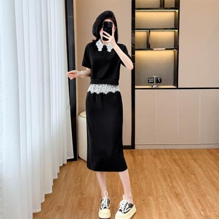 欧货休闲运动套装裙女夏季时尚气质减龄蕾丝拼接短袖半身裙两件套 服裝批發女裝批發服飾貨源