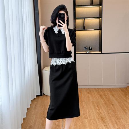 欧货休闲运动套装裙女夏季时尚气质减龄蕾丝拼接短袖半身裙两件套 服裝批發女裝批發服飾貨源