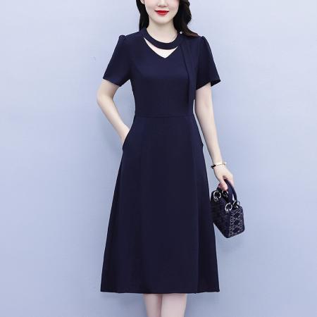 BY23156# 藏蓝色连衣裙女新款夏季中长款收腰显瘦短袖装通勤a字裙 服裝批發女裝批發服飾貨源