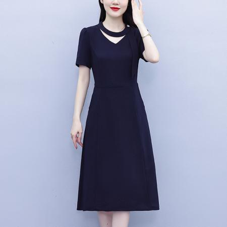 藏蓝色连衣裙女新款夏季中长款收腰显瘦短袖装通勤a字裙 服裝批發女裝批發服飾貨源