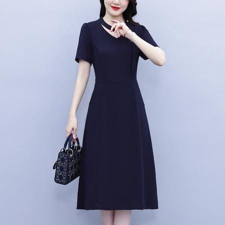 藏蓝色连衣裙女新款夏季中长款收腰显瘦短袖装通勤a字裙 服裝批發女裝批發服飾貨源