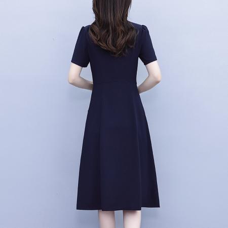 藏蓝色连衣裙女新款夏季中长款收腰显瘦短袖装通勤a字裙 服裝批發女裝批發服飾貨源