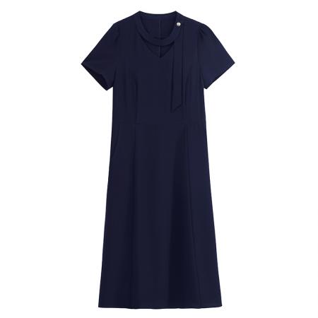 藏蓝色连衣裙女新款夏季中长款收腰显瘦短袖装通勤a字裙 服裝批發女裝批發服飾貨源