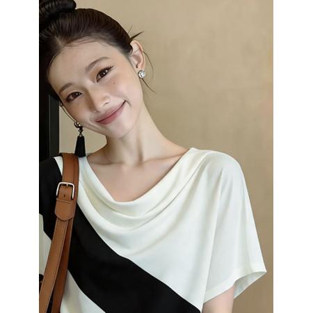 夏季美式复古撞色正肩荡领短袖t恤女独特设计感修身显瘦辣妹上衣 服裝批發女裝批發服飾貨源