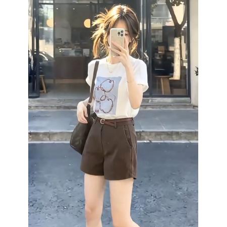 BY23163# 韩系少女风卡通印花短袖t恤高腰短裤女装夏季新款显瘦两件套 服裝批發女裝批發服飾貨源