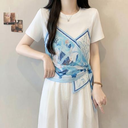BY23174# 大码胖MM新款假两件短袖T恤女印花设计感小众上衣 服裝批發女裝批發服飾貨源
