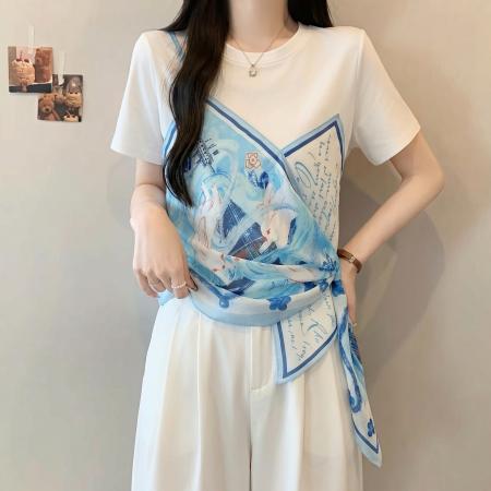 BY23174# 大码胖MM新款假两件短袖T恤女印花设计感小众上衣 服裝批發女裝批發服飾貨源