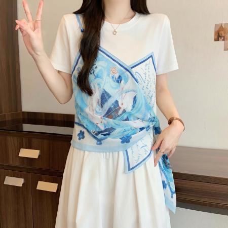 BY23174# 大码胖MM新款假两件短袖T恤女印花设计感小众上衣 服裝批發女裝批發服飾貨源