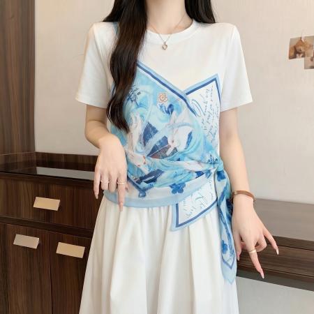 BY23174# 大码胖MM新款假两件短袖T恤女印花设计感小众上衣 服裝批發女裝批發服飾貨源