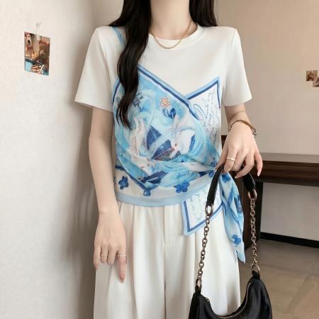 BY23174# 大码胖MM新款假两件短袖T恤女印花设计感小众上衣 服裝批發女裝批發服飾貨源