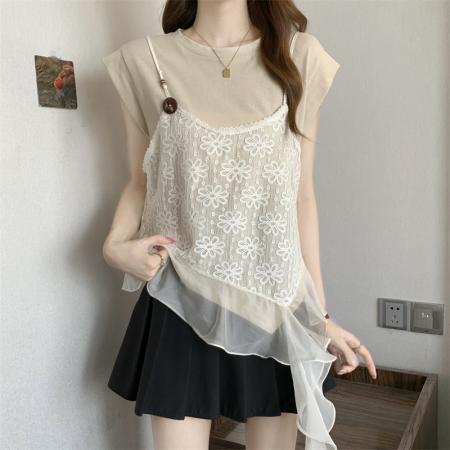 BY23175# 大码胖MM新款荷叶边假两件时尚高级感潮流吊带背心 服裝批發女裝批發服飾貨源