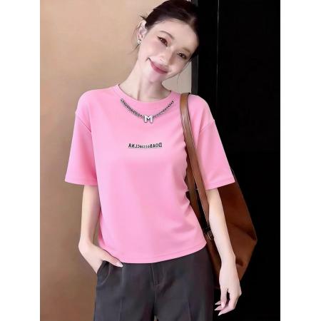 BY23177# 春夏季新款韩版时尚金属链纯色印花T恤女简约圆领百搭上衣女 服裝批發女裝批發服飾貨源