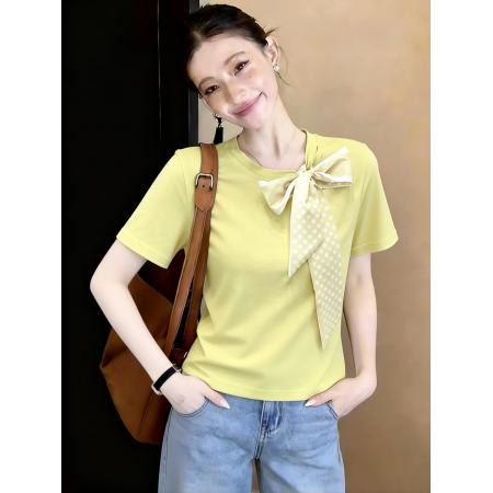 BY23180# 春夏季新款时尚韩版蝴蝶结修身T恤纯色圆领气质修身短袖上衣 服裝批發女裝批發服飾貨源