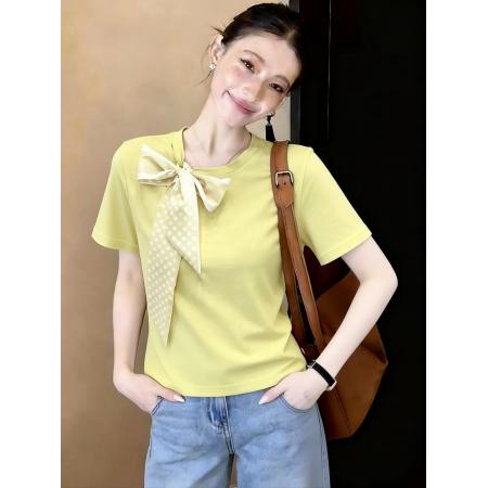 BY23180# 春夏季新款时尚韩版蝴蝶结修身T恤纯色圆领气质修身短袖上衣 服裝批發女裝批發服飾貨源