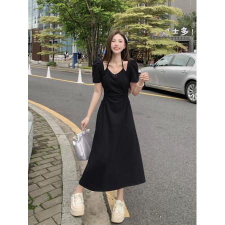 BY23183# 大码女装胖MM夏季复古风波粒感高腰显瘦温柔气质假两件连衣裙 服裝批發女裝批發服飾貨源