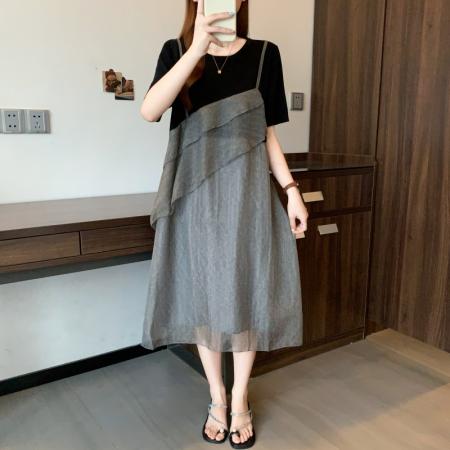 BY23184# 大码女装胖MM时尚拼接假两件连衣裙宽松设计感显瘦遮肚裙子 服裝批發女裝批發服飾貨源