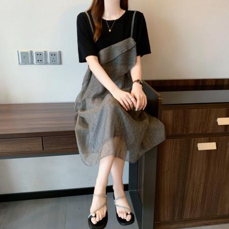 BY23184# 大码女装胖MM时尚拼接假两件连衣裙宽松设计感显瘦遮肚裙子 服裝批發女裝批發服飾貨源