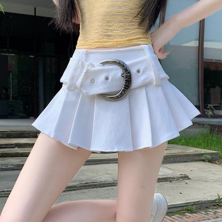 BY23185# 低腰百褶半身裙女夏季新款显瘦百搭辣妹腰带装饰通勤A字短裙 服裝批發女裝批發服飾貨源