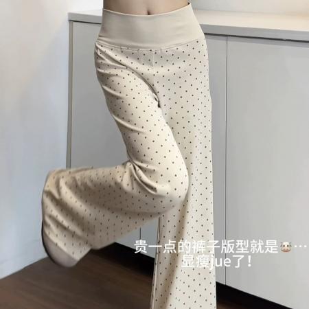 BY23186# 韩系杏色波点微喇裤女夏季高腰垂感显瘦瑜伽健身阔腿运动喇叭卫裤 服裝批發女裝批發服飾貨源
