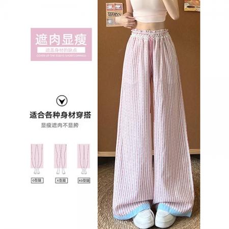 BY23188# 韩系设计感蕾丝阔腿裤女夏季薄款新款显瘦高腰撞色条纹运动裤 服裝批發女裝批發服飾貨源