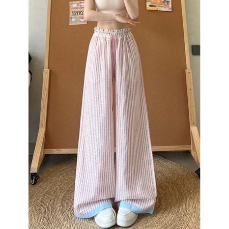 BY23188# 韩系设计感蕾丝阔腿裤女夏季薄款新款显瘦高腰撞色条纹运动裤 服裝批發女裝批發服飾貨源