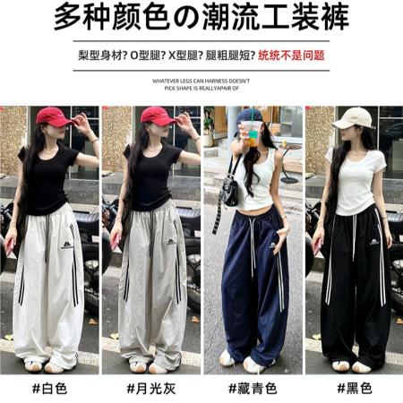 BY23189# 立体腰灰色美式刺绣速干工装裤女夏季宽松显瘦酷飒风阔腿裤 服裝批發女裝批發服飾貨源