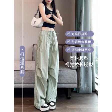 BY23190# 美式速干工装裤子女夏薄款直筒宽松休闲运动裤束脚抽绳高腰阔腿裤 服裝批發女裝批發服飾貨源