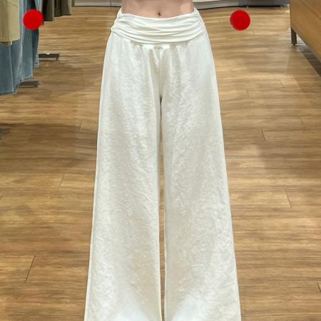 BY23191# 白色翻腰阔腿裤女夏季新款小个子穿搭冰丝宽松垂感慵懒休闲裤 服裝批發女裝批發服飾貨源